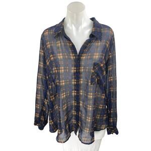 Forever 21 Women's Long Sleeve Plaid Sheer Mesh Button Up Shirt Top Size 1X